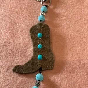 Hand Crafted Brown Boot Phone Charm with Blue Beads
